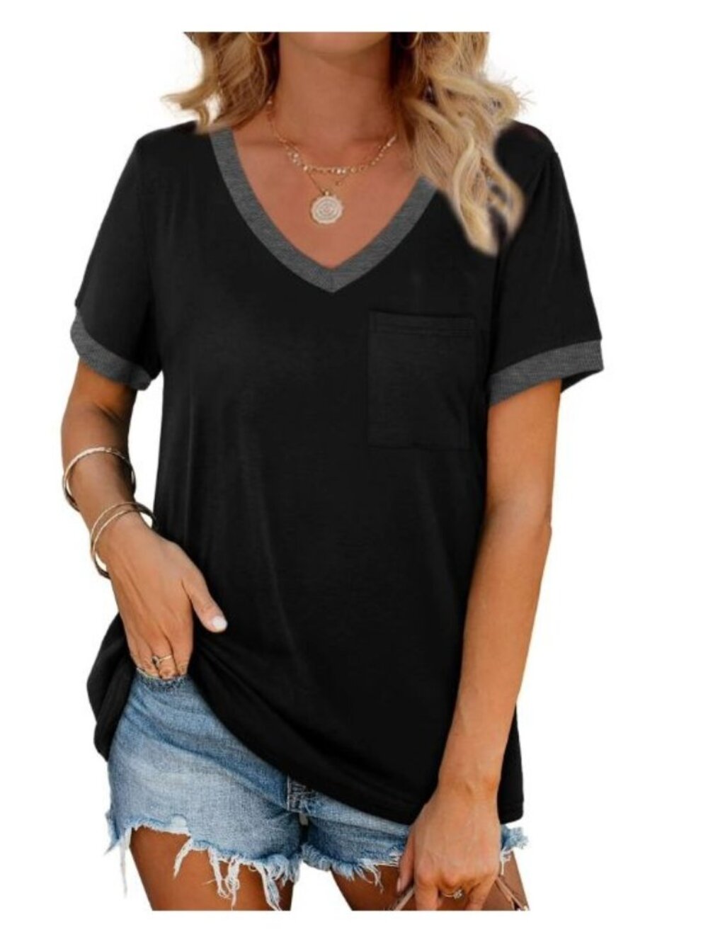 MOSHU V Neck T Shirt 2XL Short Sleeve Loose Summer Top Pocket Casual Tee
